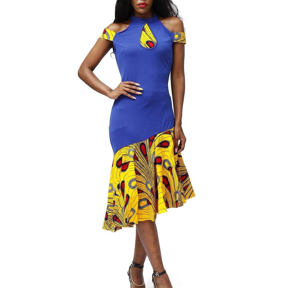 8204 African Cold Shoulder Dress Ankara Evening Party Midi Dress Large